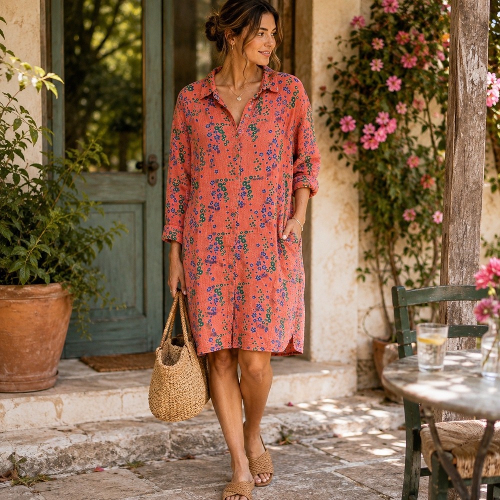 Natural Life Womens XL Coral Floral Cotton Gauze Button Front Shirt Dress Pocket